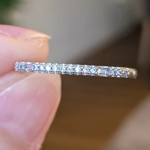10K White Gold Round And Emerald Cut Diamond Half Eternity Ring - Picture 3 of 12
